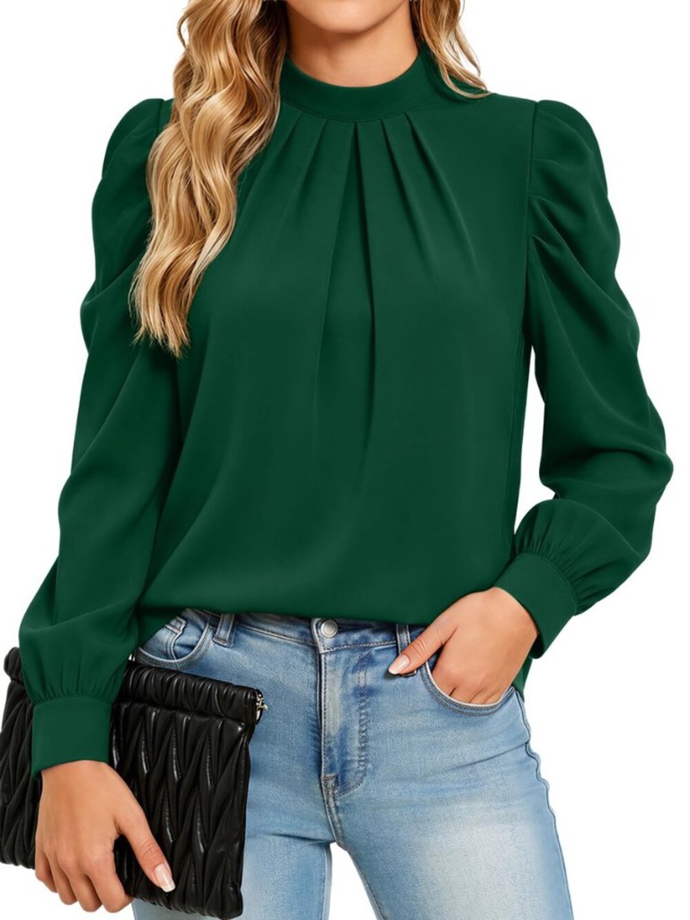 Women Puff Long Sleeve Shirts Mock Neck Tops Dressy Casual Blouses